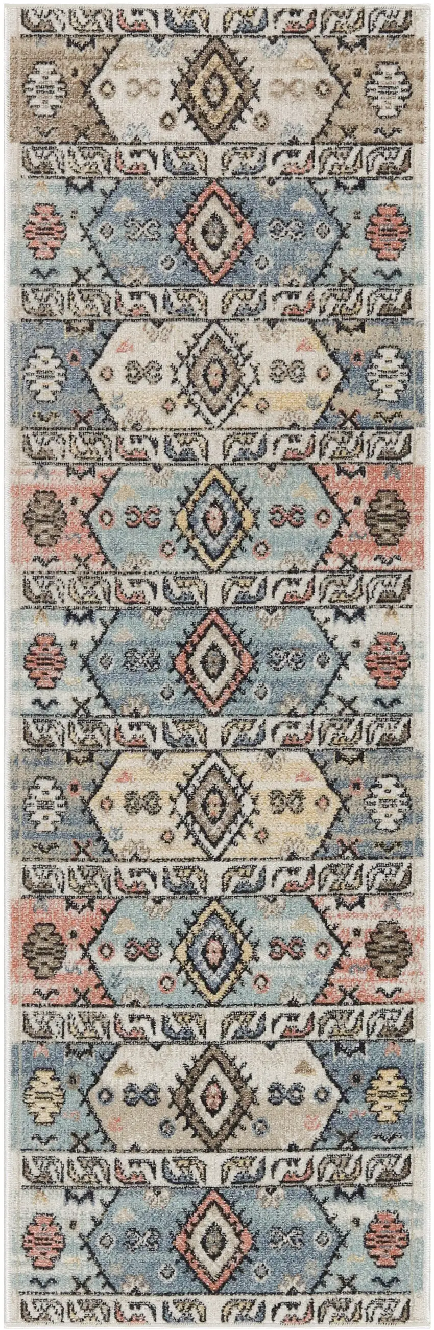 6' Ivory Tan And Blue Geometric Flatweave Runner Rug Photo 5