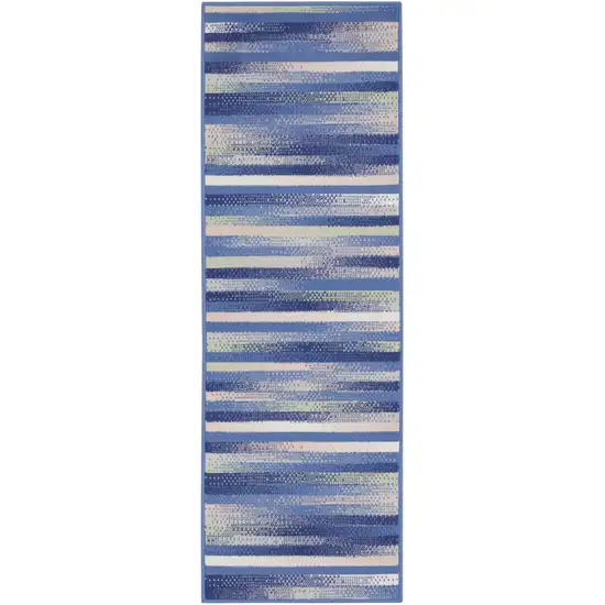 6' Ivory Tan And Blue Striped Runner Rug Photo 2