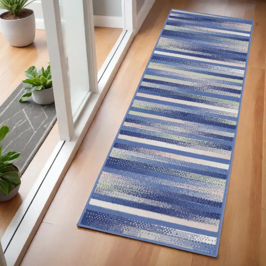 6' Ivory Tan And Blue Striped Runner Rug Photo 1