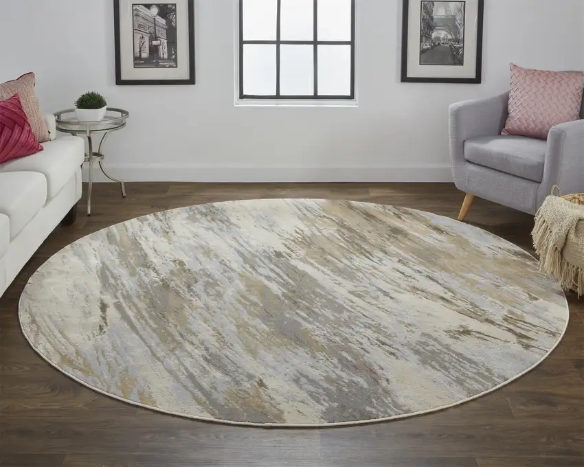 8' Ivory Tan And Brown Round Abstract Area Rug Photo 4
