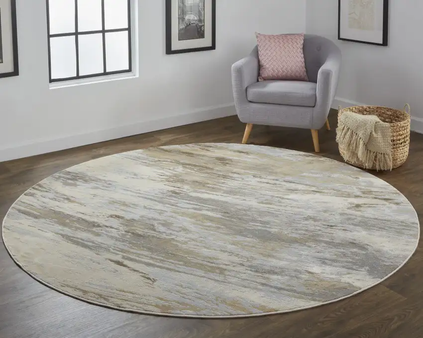 8' Ivory Tan And Brown Round Abstract Area Rug Photo 5