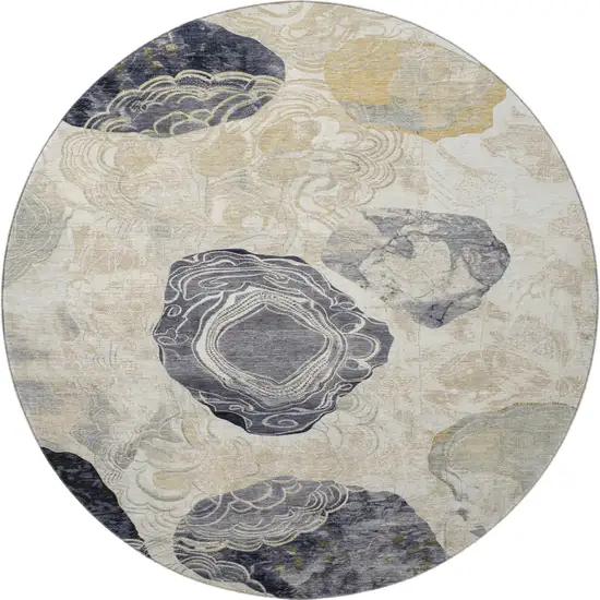 8' Ivory Tan And Charcoal Geometric Washable Round Rug With UV Protection Photo 2