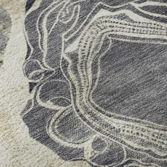 8' Ivory Tan And Charcoal Geometric Washable Round Rug With UV Protection Photo 7