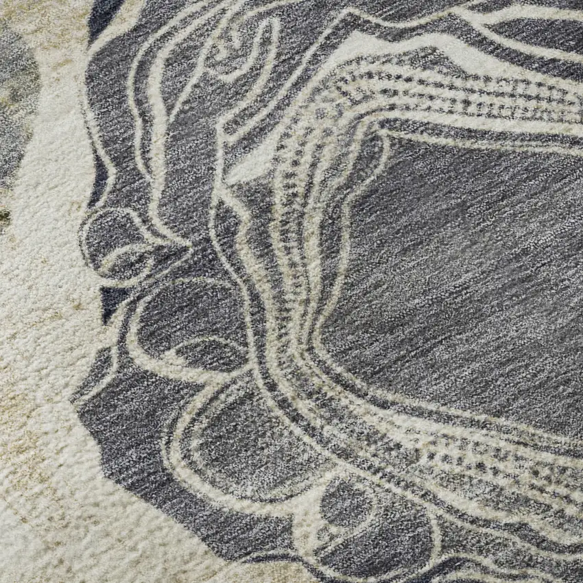 8' Ivory Tan And Charcoal Geometric Washable Round Rug With UV Protection Photo 7