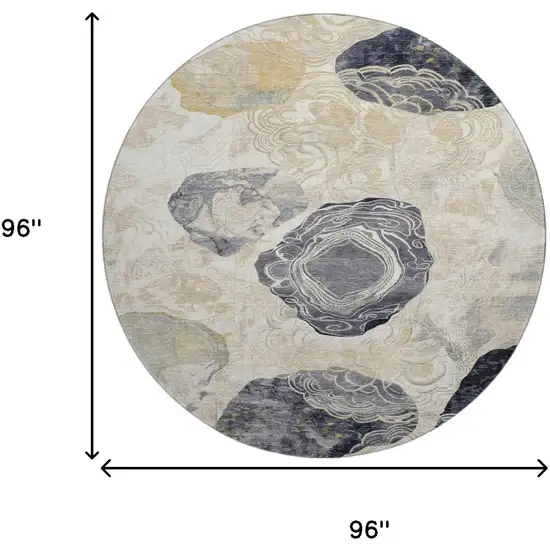 8' Ivory Tan And Charcoal Geometric Washable Round Rug With UV Protection Photo 9