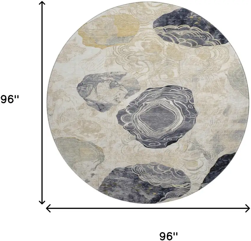 8' Ivory Tan And Charcoal Geometric Washable Round Rug With UV Protection Photo 9