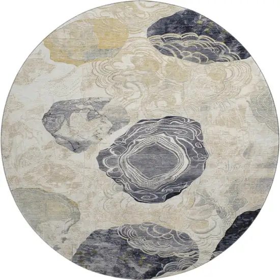 8' Ivory Tan And Charcoal Geometric Washable Round Rug With UV Protection Photo 1