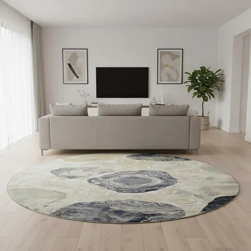 8' Ivory Tan And Charcoal Geometric Washable Round Rug With UV Protection Photo 2