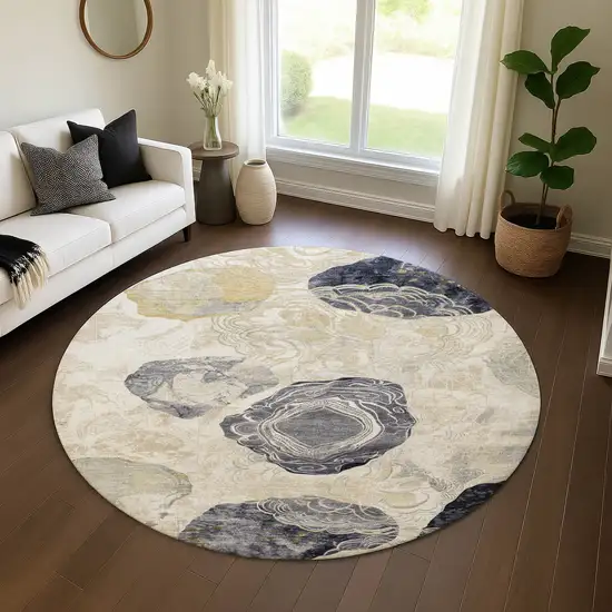 8' Ivory Tan And Charcoal Geometric Washable Round Rug With UV Protection Photo 3