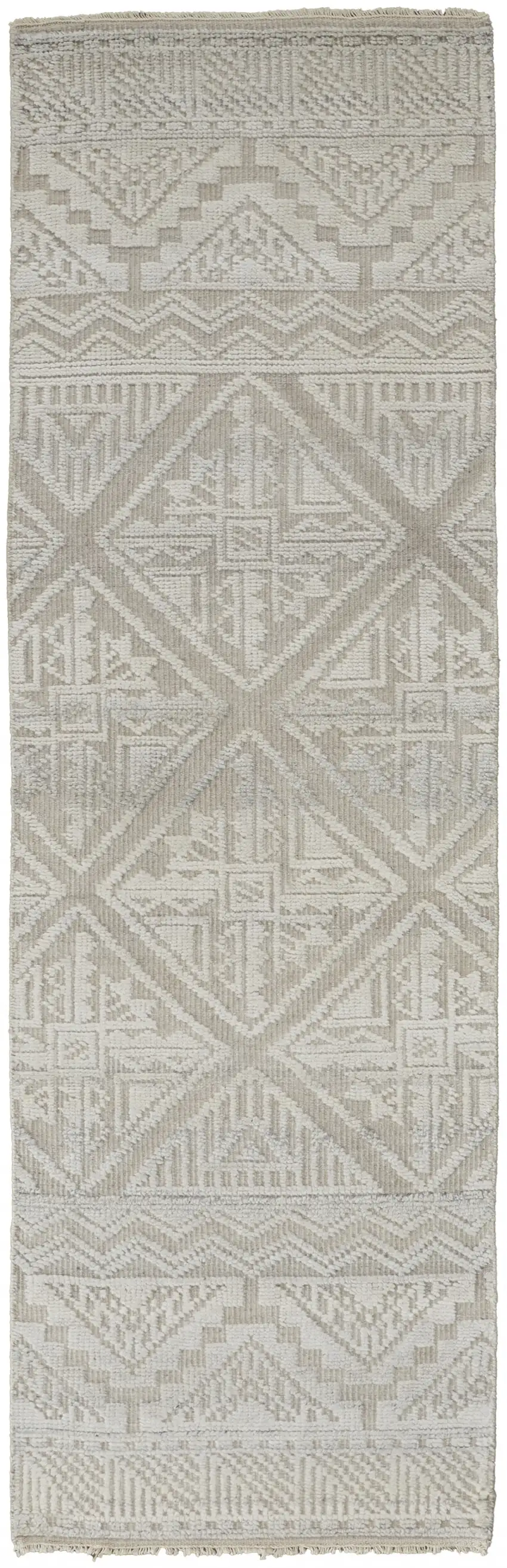 10' Ivory Tan And Gray Geometric Hand Knotted Runner Rug Photo 1