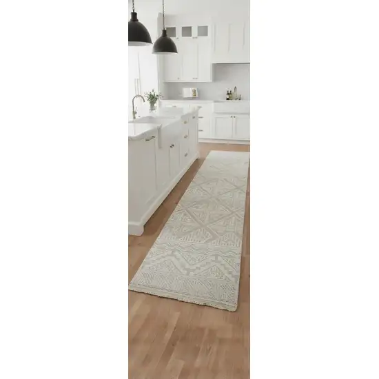 8' Ivory Tan And Gray Geometric Hand Knotted Runner Rug Photo 1