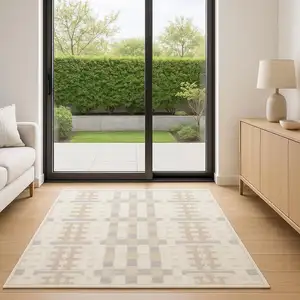 Photo of 6' Ivory Tan And Gray Geometric Runner Rug