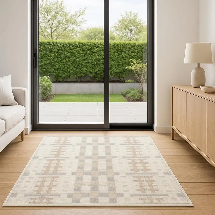 6' Ivory Tan And Gray Geometric Runner Rug Photo 1