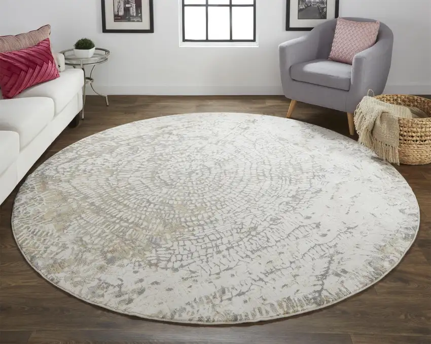 8' Ivory Tan And Gray Round Abstract Area Rug Photo 4