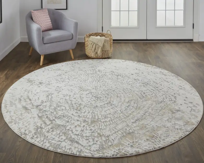 8' Ivory Tan And Gray Round Abstract Area Rug Photo 6
