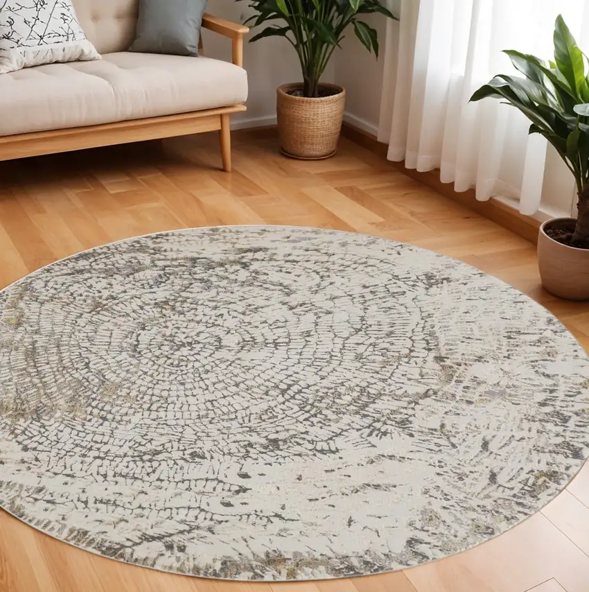 8' Gray and Ivory Abstract Non Skid Round Rug Photo 1