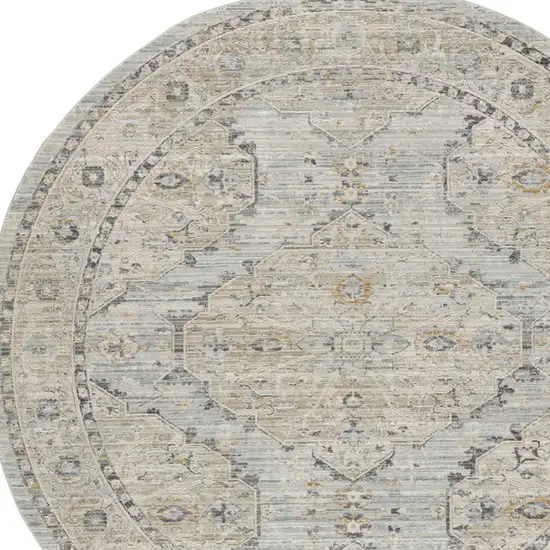 8' Ivory Tan And Light Blue Floral Medallion Distressed Round Rug With Fringe Photo 7