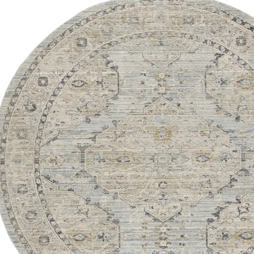 8' Ivory Tan And Light Blue Floral Medallion Distressed Round Rug With Fringe Photo 7