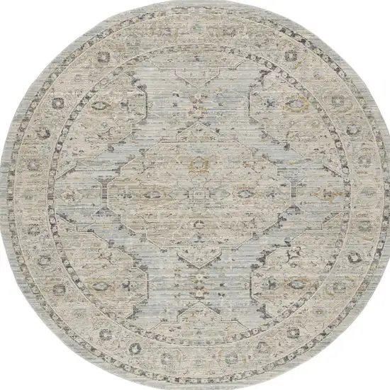 8' Ivory Tan And Light Blue Floral Medallion Distressed Round Rug With Fringe Photo 2