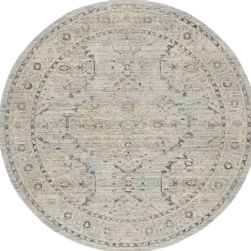 8' Ivory Tan And Light Blue Floral Medallion Distressed Round Rug With Fringe Photo 2