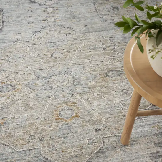 8' Ivory Tan And Light Blue Floral Medallion Distressed Round Rug With Fringe Photo 5