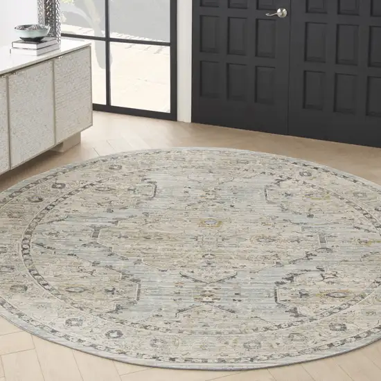 8' Ivory Tan And Light Blue Floral Medallion Distressed Round Rug With Fringe Photo 4