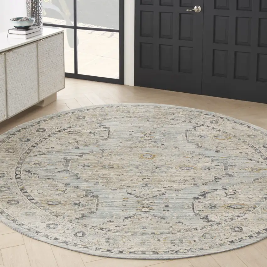 8' Ivory Tan And Light Blue Floral Medallion Distressed Round Rug With Fringe Photo 4