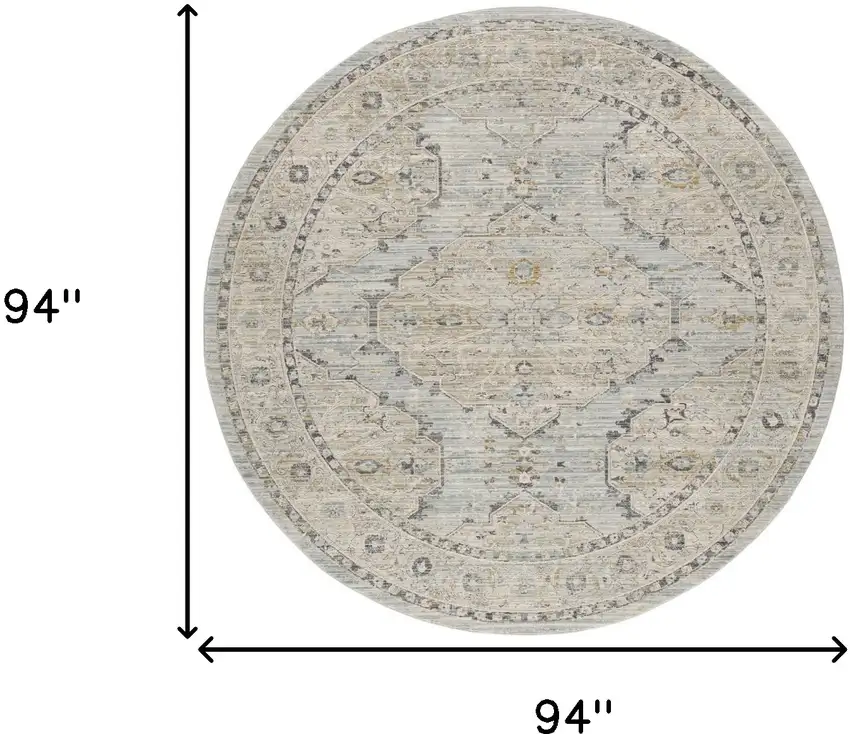 8' Ivory Tan And Light Blue Floral Medallion Distressed Round Rug With Fringe Photo 3