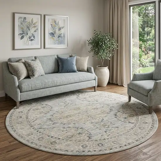 8' Ivory Tan And Light Blue Floral Medallion Distressed Round Rug With Fringe Photo 1