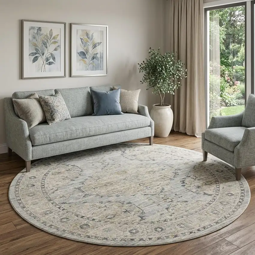 8' Ivory Tan And Light Blue Floral Medallion Distressed Round Rug With Fringe Photo 1