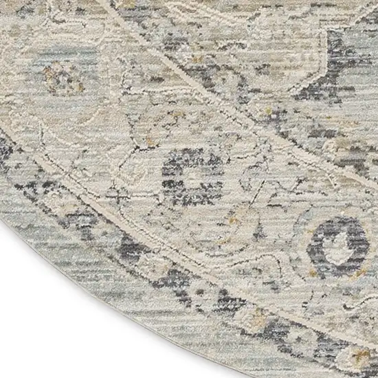 8' Ivory Tan And Light Blue Floral Medallion Distressed Round Rug With Fringe Photo 9
