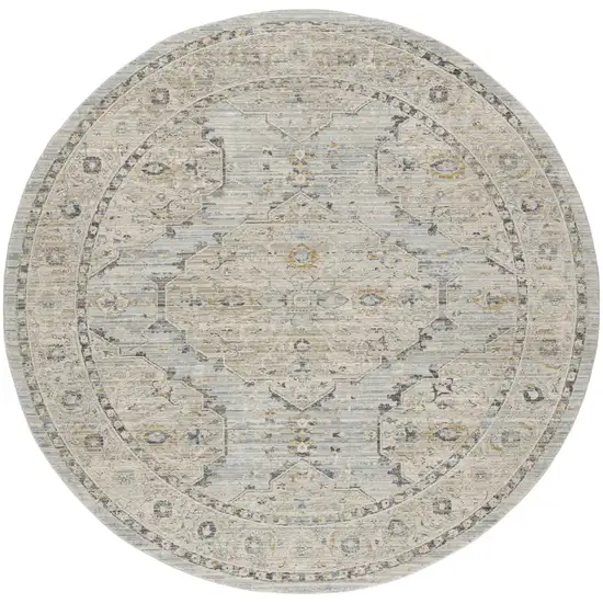 8' Ivory Tan And Light Blue Floral Medallion Distressed Round Rug With Fringe Photo 3
