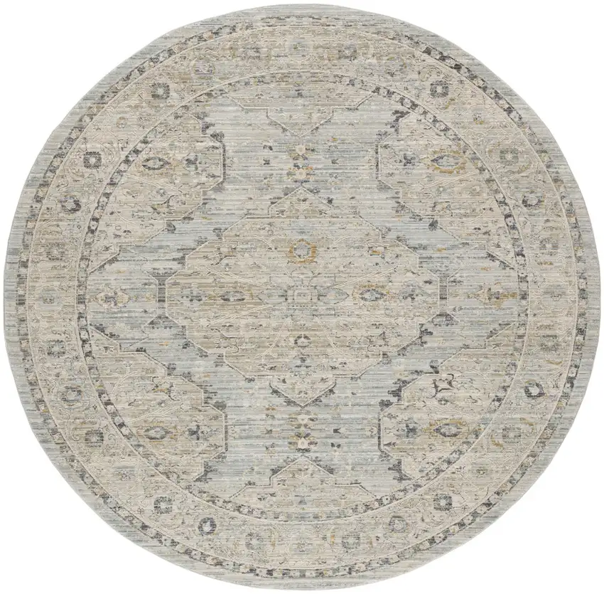 8' Ivory Tan And Light Blue Floral Medallion Distressed Round Rug With Fringe Photo 3