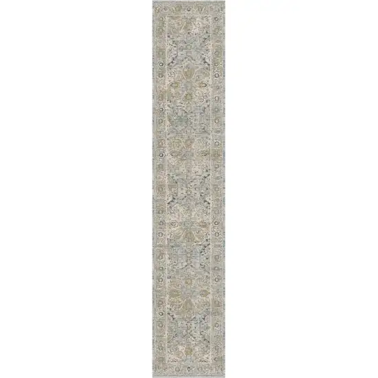 10' Ivory Tan And Light Blue Floral Medallion Distressed Runner Rug With Fringe Photo 2