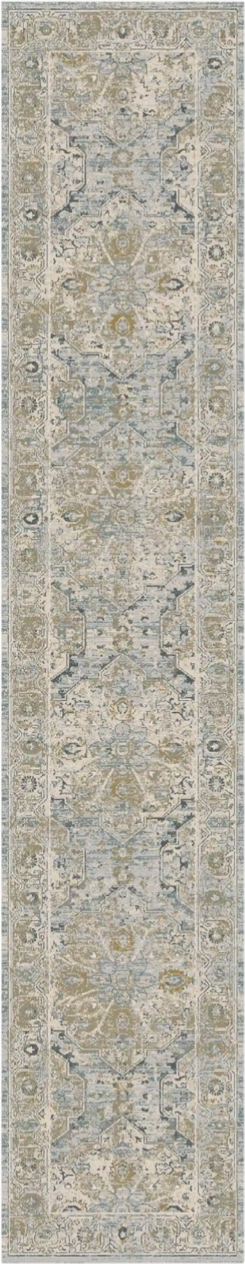 10' Ivory Tan And Light Blue Floral Medallion Distressed Runner Rug With Fringe Photo 2