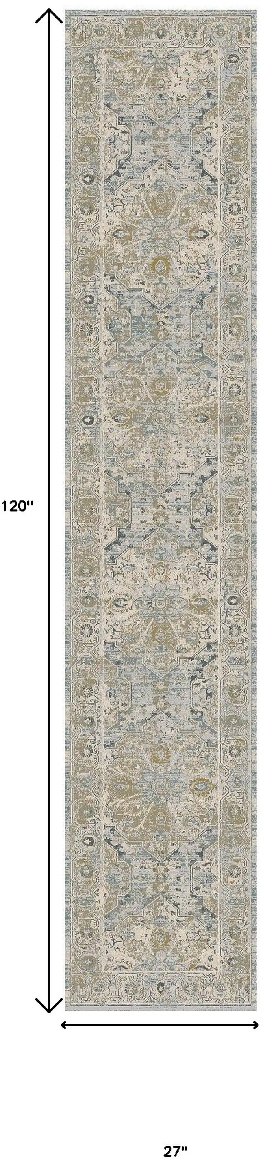 10' Ivory Tan And Light Blue Floral Medallion Distressed Runner Rug With Fringe Photo 3