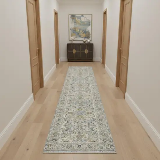 10' Ivory Tan And Light Blue Floral Medallion Distressed Runner Rug With Fringe Photo 1