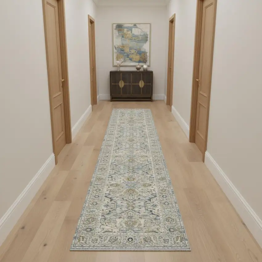 10' Ivory Tan And Light Blue Floral Medallion Distressed Runner Rug With Fringe Photo 1