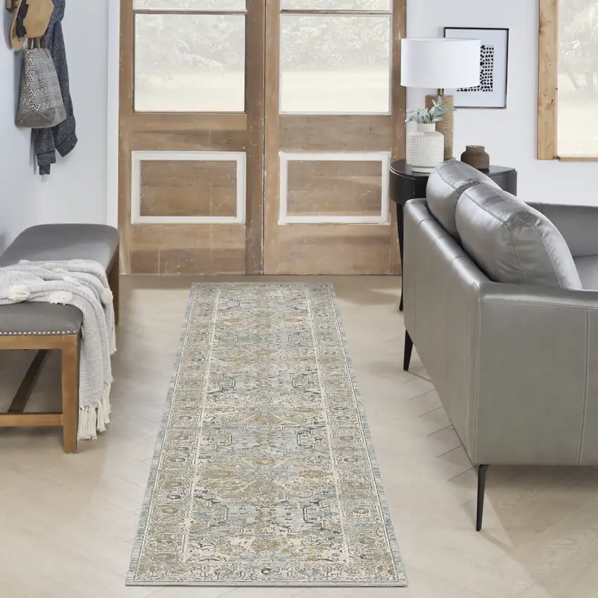 10' Ivory Tan And Light Blue Floral Medallion Distressed Runner Rug With Fringe Photo 4