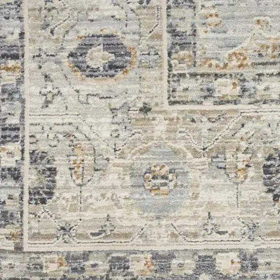 10' Ivory Tan And Light Blue Floral Medallion Distressed Runner Rug With Fringe Photo 7