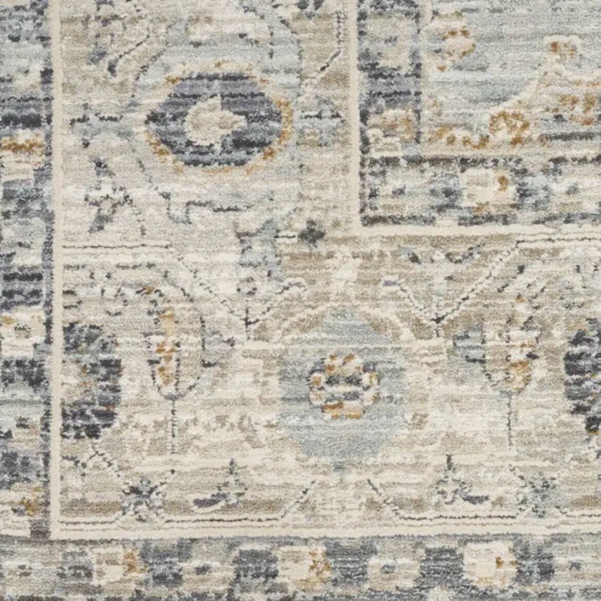 10' Ivory Tan And Light Blue Floral Medallion Distressed Runner Rug With Fringe Photo 7
