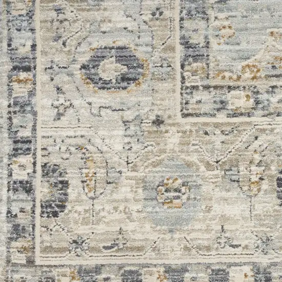 10' Ivory Tan And Light Blue Floral Medallion Distressed Runner Rug With Fringe Photo 8