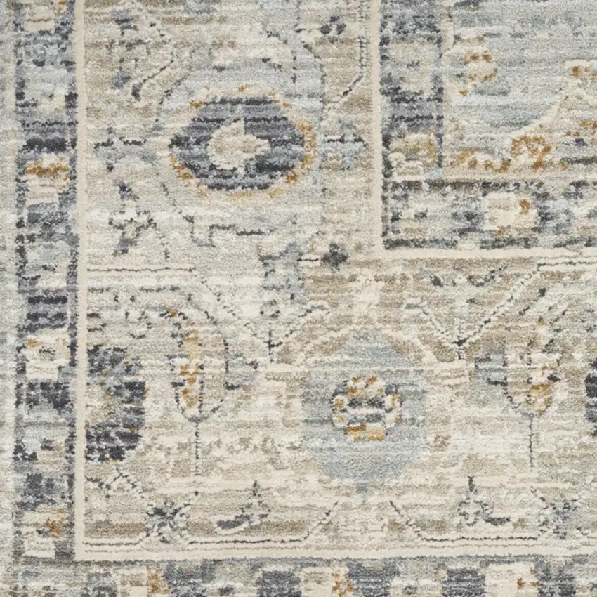 10' Ivory Tan And Light Blue Floral Medallion Distressed Runner Rug With Fringe Photo 8
