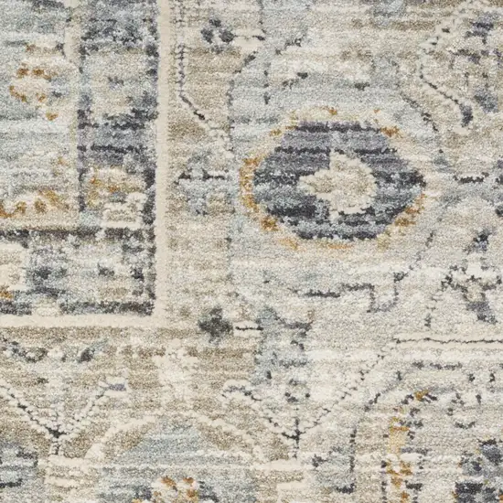 10' Ivory Tan And Light Blue Floral Medallion Distressed Runner Rug With Fringe Photo 2