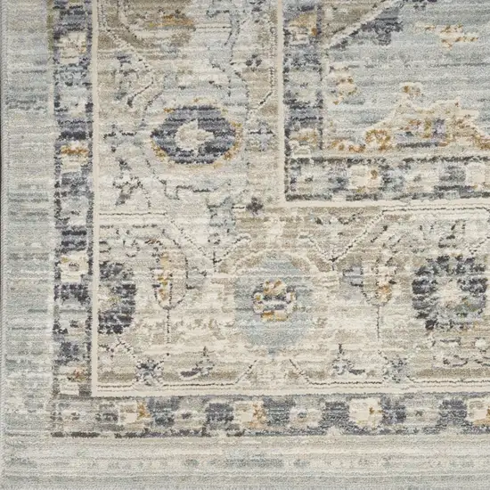 10' Ivory Tan And Light Blue Floral Medallion Distressed Runner Rug With Fringe Photo 6