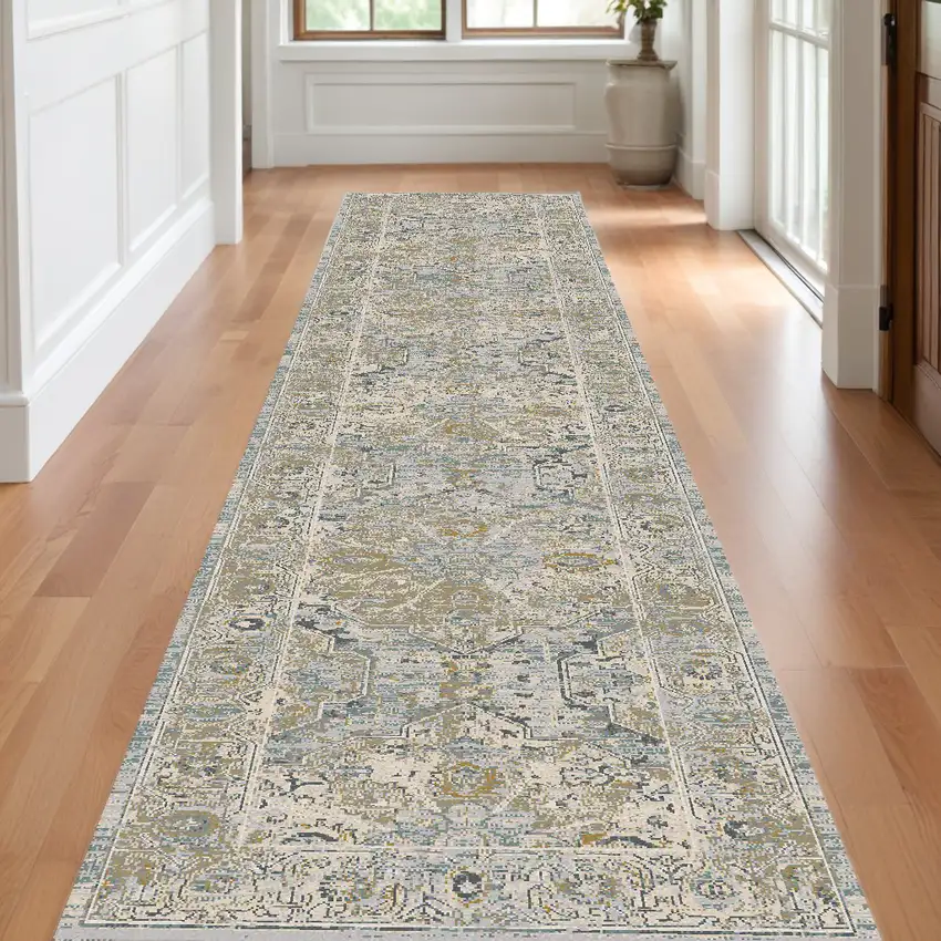 10' Ivory Tan And Light Blue Floral Medallion Distressed Runner Rug With Fringe Photo 1