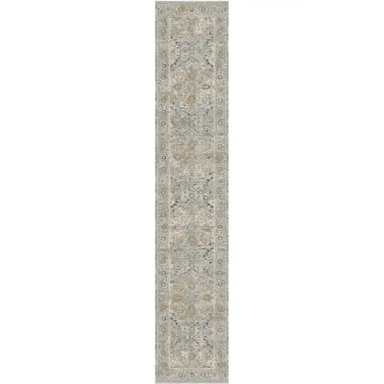 12' Ivory Tan And Light Blue Floral Medallion Distressed Runner Rug With Fringe Photo 2