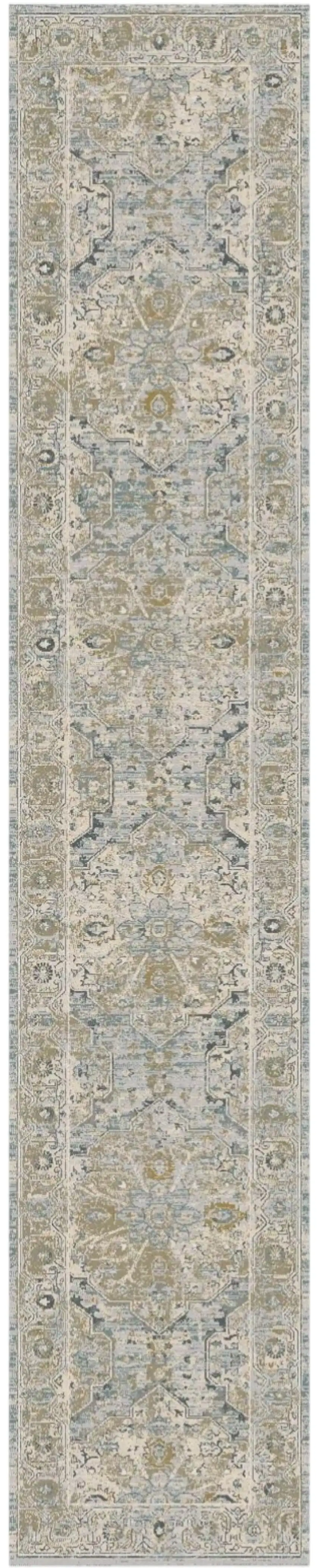 12' Ivory Tan And Light Blue Floral Medallion Distressed Runner Rug With Fringe Photo 2