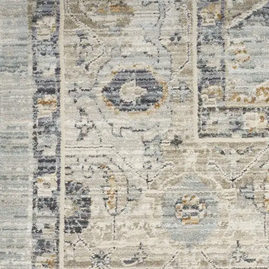 12' Ivory Tan And Light Blue Floral Medallion Distressed Runner Rug With Fringe Photo 8