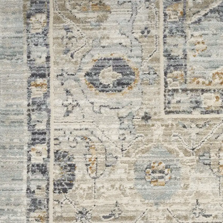 12' Ivory Tan And Light Blue Floral Medallion Distressed Runner Rug With Fringe Photo 8